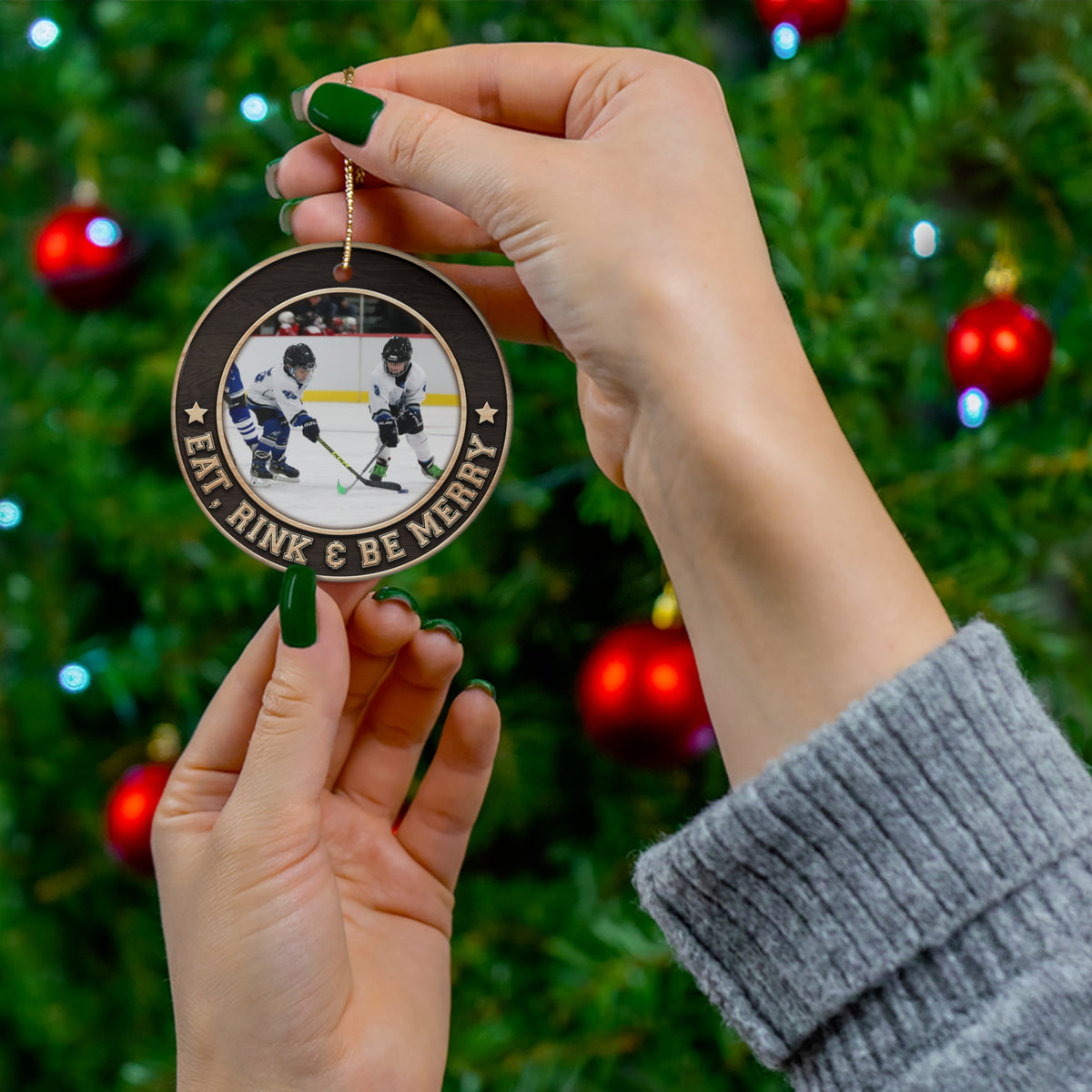 Custom Eat, Rink & Be Merry Ceramic Ornament